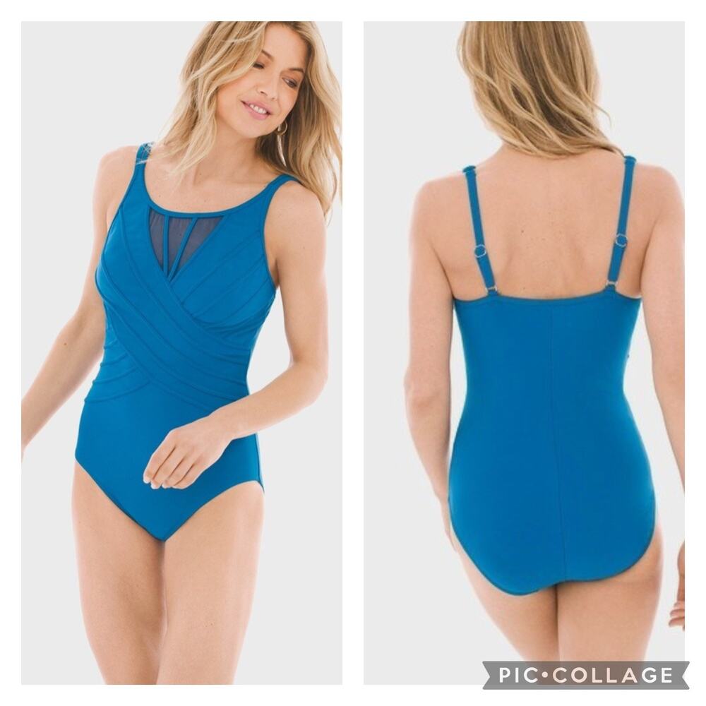 Miraclesuit Blue Illusionist Mesh Neck One Piece Swimsuit Size 14 - Picture 1 of 7